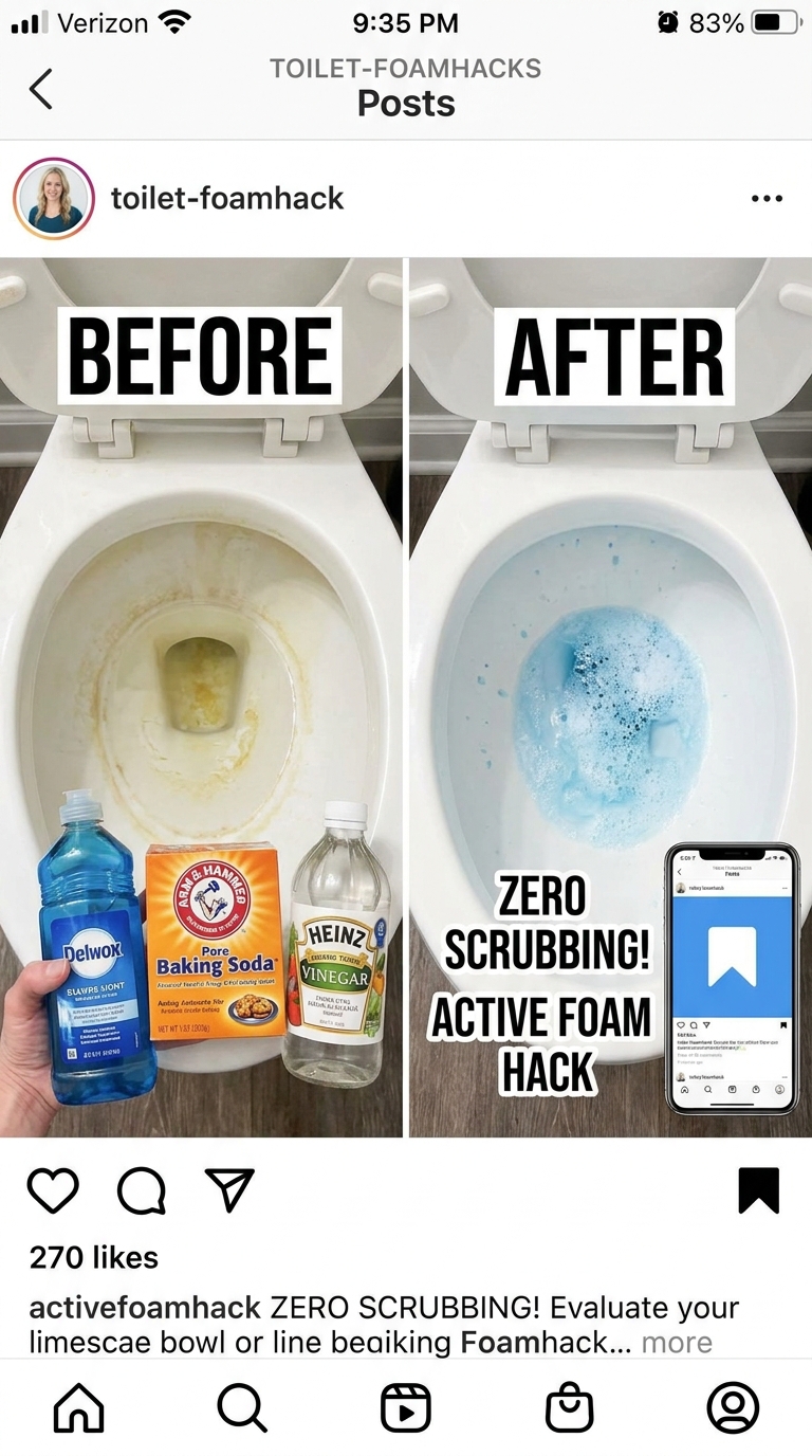 Before and after toilet bowl transformation with simple pantry hacks