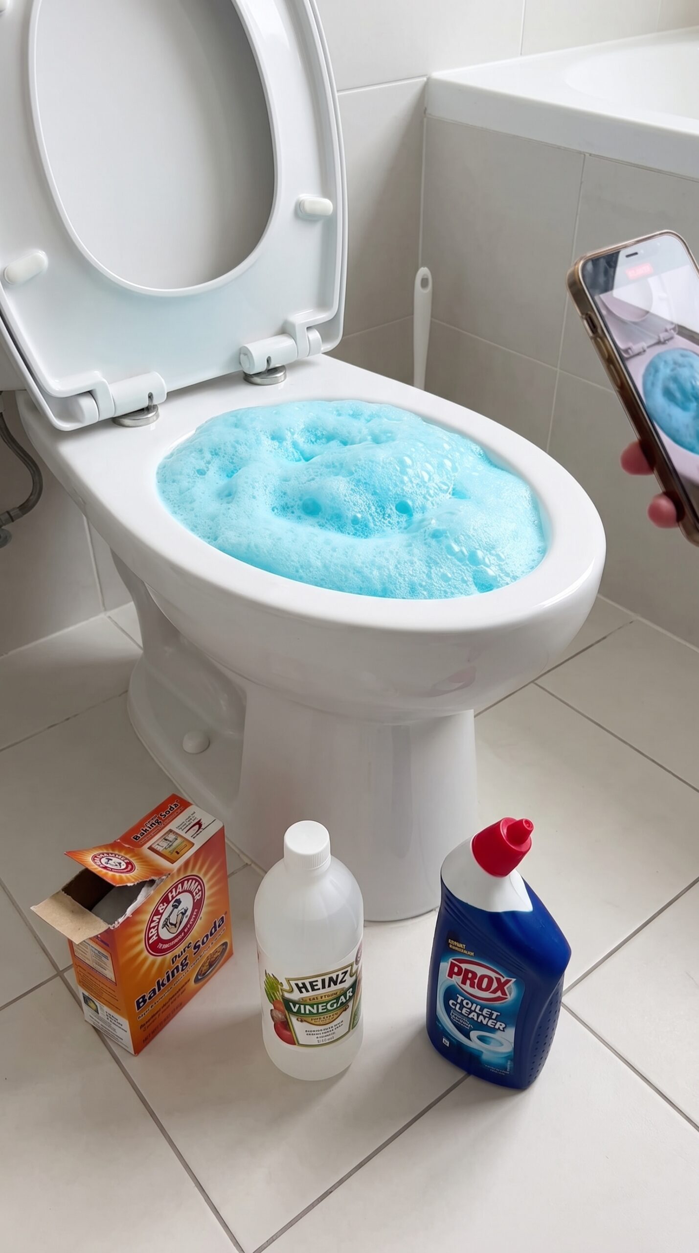 Toilet bowl being cleaned with active blue foam made from detergent, baking soda and vinegar to remove limescale without scrubbing
