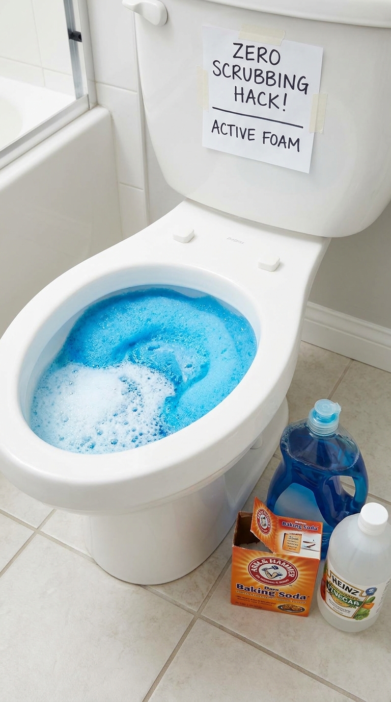 Foaming toilet bowl cleaner hack using baking soda and blue detergent